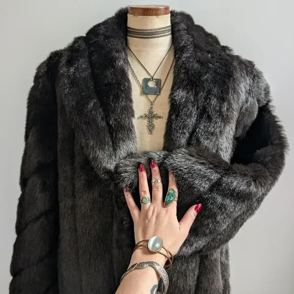 Vintage Black Faux Fur Coat Fur Trim Jacket Mob Wife Minimalist Goth Chic Medium - Picture 3 of 12